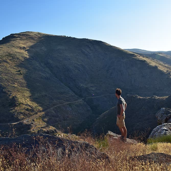 Person looking out over mossy crater