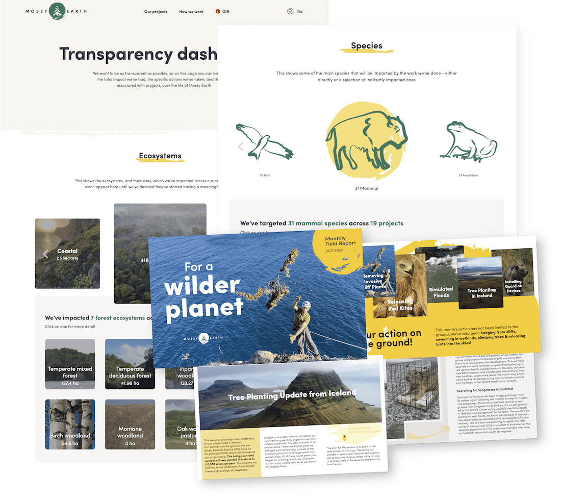 Screen captures showing our transparency dashboard and one of our monthly field reports